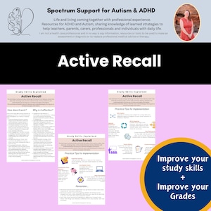 May include: Three pink and white printable study skills worksheets with the title "Active Recall" and practical tips for implementation. The worksheets are on a pink background with the text "Improve your study skills + Improve your Grades" in a yellow circle.