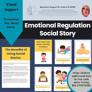 May include: A colourful poster with the title "Emotional Regulation Social Story" and a description of the benefits of using social stories. The poster includes illustrations of children in various situations.