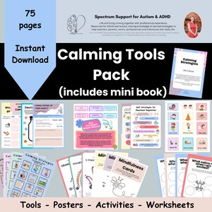 May include: A set of 75 printable calming tools for children with autism and ADHD. The set includes posters, activities, worksheets, and a mini book. The tools are designed to help children learn self-regulation strategies. The title of the set is "Calming Tools Pack (includes mini book)".