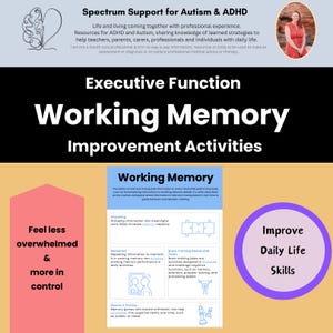 Peut inclure: Une infographie colorée avec le titre "Activités d'amélioration de la mémoire de travail" et une description de la façon d'améliorer la mémoire de travail. L'infographie comprend des conseils pour le découpage, la répétition, les jeux d'entraînement cérébral et les jeux de mémoire et de puzzles.