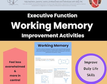 May include: A colorful infographic with the title "Working Memory Improvement Activities" and a description of how to improve working memory. The infographic includes tips for chunking, rehearsal, brain training games, and memory games and puzzles.