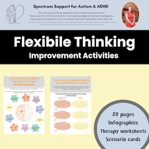 Peut inclure: Image pr&eacute;sentant des "Activit&eacute;s d'am&eacute;lioration de la pens&eacute;e flexible" pour le soutien de l'autisme et du TDAH. Comprend des feuilles de travail, des infographies et des cartes de sc&eacute;narios. L'image contient &eacute;galement une photo d'une femme.