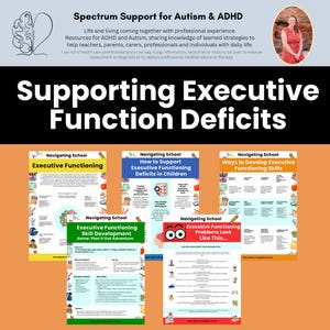 May include: A set of four colorful printable posters with the title "Supporting Executive Function Deficits" and the text "Navigating School" on each poster. The posters are designed to help teachers, parents, and professionals support children with executive functioning deficits.