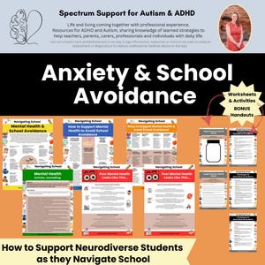 Puede incluir: Imagen que promueve recursos para el autismo y el TDAH, centrándose en la ansiedad y la evitación escolar. Incluye hojas de trabajo, actividades y folletos de bonificación. La imagen presenta texto y gráficos relacionados con el apoyo a la salud mental para estudiantes neurodiversos.