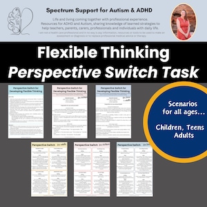 Op de afbeelding: Een set van zes printbare werkbladen voor het ontwikkelen van flexibele denkvaardigheden. De werkbladen hebben de titel "Perspective Switch for Developing Flexible Thinking" en zijn ontworpen voor kinderen en volwassenen. De werkbladen bevatten scenario's voor verschillende leeftijden, waaronder kinderen, tieners en volwassenen.