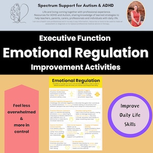 May include: A colourful infographic titled "Emotional Regulation Improvement Activities" with a yellow circle containing the text "Improve Daily Life Skills". The infographic provides a range of tips and strategies for managing emotions, including mindfulness, cognitive appraisal, and seeking social support.