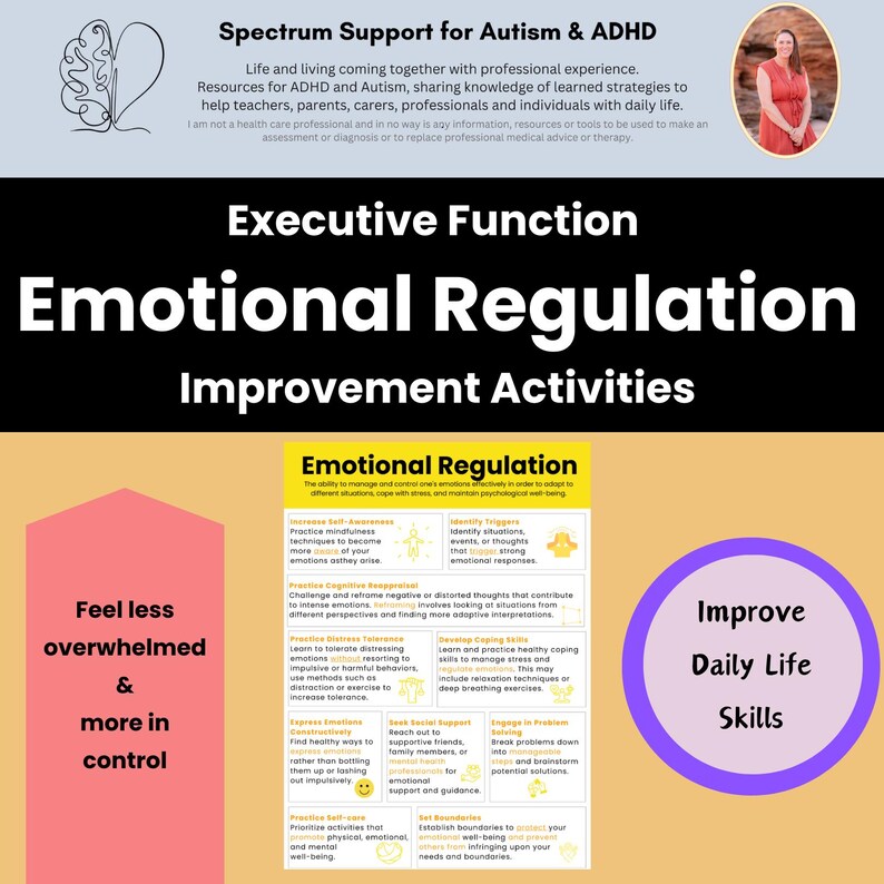 May include: A colourful infographic titled "Emotional Regulation Improvement Activities" with a yellow circle containing the text "Improve Daily Life Skills". The infographic provides a range of tips and strategies for managing emotions, including mindfulness, cognitive appraisal, and seeking social support.