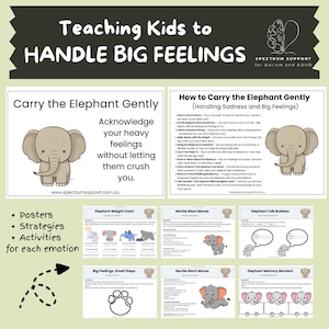 May include: Educational posters and activities for children, teaching them to handle big feelings. The image includes the text "Teaching Kids to Handle Big Feelings" and illustrations of elephants, with strategies for each emotion.