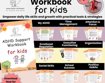 Puede incluir: Un cuaderno de trabajo sobre TDAH para niños con el texto "ADHD Workbook for Kids" y "ADHD Support Workbook for kids". El cuaderno incluye secciones sobre gestión del tiempo, regulación emocional y habilidades sociales. La imagen también incluye el texto "Download Now for Instant Access".