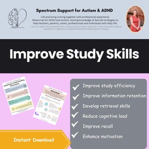 May include: A pink and white graphic with the text "Improve Study Skills" in black. The graphic includes a checklist with checkmarks next to the following benefits: Improve study efficiency, Improve information retention, Develop retrieval skills, Reduce cognitive load, Improve recall, Enhance motivation. The graphic also includes two images of study skills techniques for retaining and understanding information and active recall.