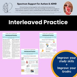 Puede incluir: Tres hojas de trabajo imprimibles de colores con el título "Práctica entrelazada" y el texto "Habilidades de estudio explicadas". Las hojas de trabajo brindan consejos para mejorar las habilidades de estudio y las calificaciones. El texto "Mejora tus habilidades de estudio + Mejora tus calificaciones" está en un círculo amarillo.