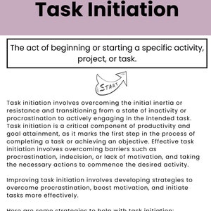 Może przedstawiać: Diagram przedstawiający inicjowanie zadań, kluczowy element funkcji wykonawczych. Diagram zawiera narysowaną ręcznie strzałkę skierowaną w g&oacute;rę z napisem "START". Tekst wyjaśnia, że inicjowanie zadań wiąże się z przezwyciężeniem bezwładności i prokrastynacji, aby rozpocząć zadanie. Diagram zawiera r&oacute;wnież listę strategii pomocnych w inicjowaniu zadań, takich jak dzielenie zadań na mniejsze kroki.