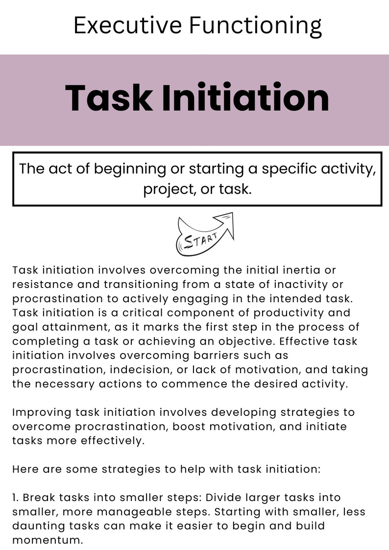 Może przedstawiać: Diagram przedstawiający inicjowanie zadań, kluczowy element funkcji wykonawczych. Diagram zawiera narysowaną ręcznie strzałkę skierowaną w g&oacute;rę z napisem "START". Tekst wyjaśnia, że inicjowanie zadań wiąże się z przezwyciężeniem bezwładności i prokrastynacji, aby rozpocząć zadanie. Diagram zawiera r&oacute;wnież listę strategii pomocnych w inicjowaniu zadań, takich jak dzielenie zadań na mniejsze kroki.