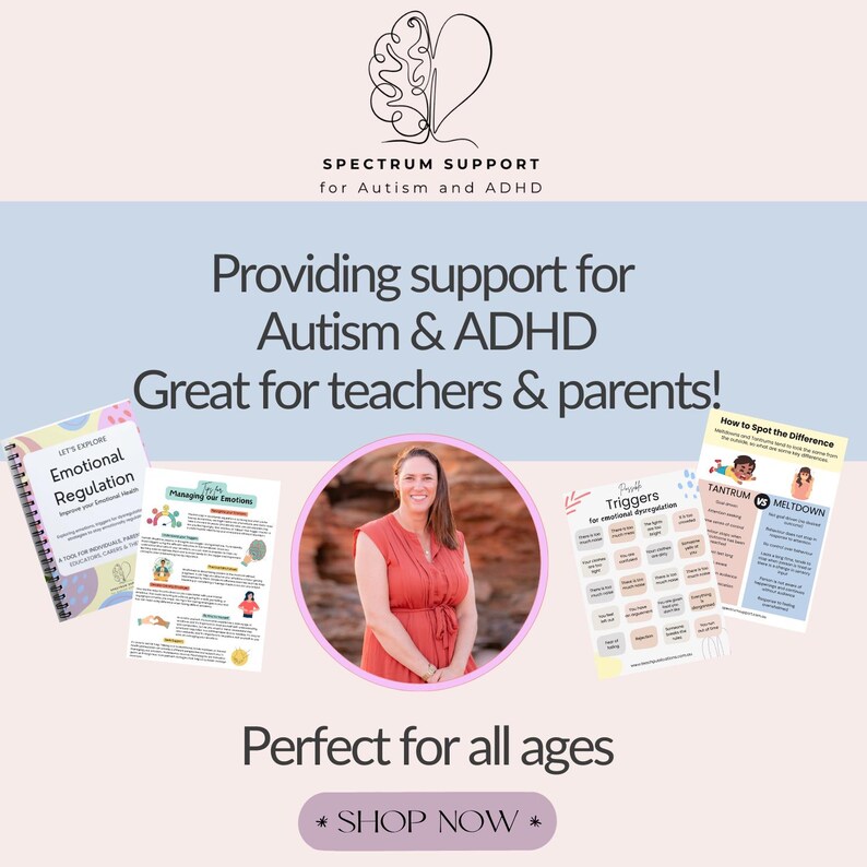 Pode incluir: Imagem promocional para Spectrum Support, oferecendo recursos para autismo e TDAH. A imagem inclui uma mulher em um vestido vermelho, materiais educacionais e o texto "Perfeito para todas as idades" e "Compre agora".