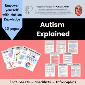 May include: A pink background with the text "Autism Explained" in large white letters.  The text "Empower yourself with Autism Knowledge" is in the top left corner.  The text "13 pages" is in the bottom left corner.  The text "Fact Sheets - Checklists - Infographics" is in the bottom centre.  There are several colourful fact sheets about autism on the pink background.