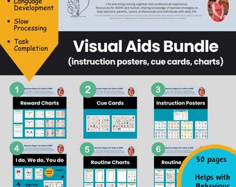 May include: A set of 6 colorful visual aids for autism and ADHD. The set includes reward charts, cue cards, instruction posters, I do, we do, you do charts, routine charts, and a routine chart. The set is designed to help with behavior reinforcement and includes 50 pages.