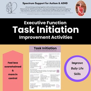 May include: A colourful infographic titled "Executive Function Task Initiation Improvement Activities" with tips for improving daily life skills. The infographic includes sections titled "Feel less overwhelmed & more in control" and "Improve Daily Life Skills".