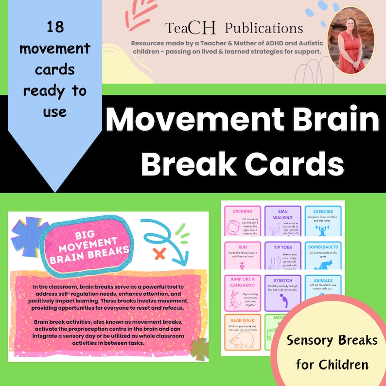 K&ouml;nnte beinhalten: "Bewegungs-Brain Break Cards" mit farbenfrohen Illustrationen und Text. Die Karten sind f&uuml;r sensorische Pausen f&uuml;r Kinder konzipiert, mit Anweisungen f&uuml;r verschiedene &Uuml;bungen. Der Text enth&auml;lt "18 Bewegungskarten einsatzbereit".