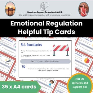 Könnte beinhalten: Ein Set von 35 A4-Karten mit dem Titel "Emotional Regulation Helpful Tip Cards". Die Karten enthalten Tipps zur Emotionsregulation, einschließlich des Setzens von Grenzen und der Verwendung eines Stressballs. Die Karten sind für reale Szenarien konzipiert.