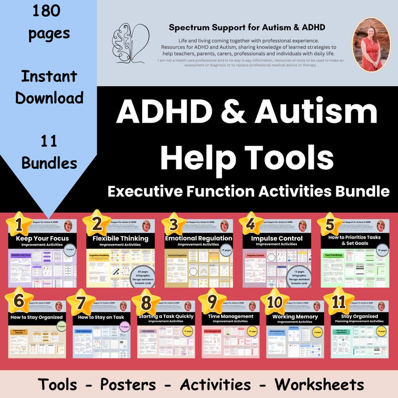 K&ouml;nnte beinhalten: Ein Satz von 11 bunten Postern mit roten Sternen und wei&szlig;en Zahlen, betitelt "ADHD & Autism Help Tools: Executive Function Activities Bundle". Jedes Poster zeigt eine andere F&auml;higkeit der exekutiven Funktionen, wie "Keep Your Focus", "Flexibles Denken" und "Emotionale Regulierung".