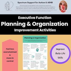 Puede incluir: Una infografía de color morado y blanco titulada "Planificación y organización - Actividades de mejora" con una lista de estrategias para ayudar a mejorar las habilidades de la función ejecutiva. Las estrategias incluyen: Ejercicios de planificación colaborativa, Priorización de tareas, Gestión del tiempo, Establecimiento de objetivos, Planificación de proyectos, Mapa mental y Diario reflexivo.