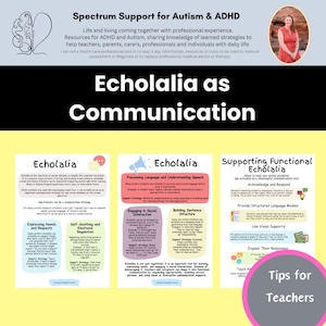 Puede incluir: Tres carteles imprimibles amarillos y rosas con consejos para los profesores sobre cómo apoyar a los estudiantes con ecolalia. Los carteles incluyen el texto "Ecolalia como comunicación", "Apoyo a la ecolalia funcional" y "Consejos para los profesores".