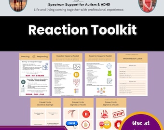May include: The image displays a "Reaction Toolkit" with various cards and visuals. The toolkit includes cards with the text "Reacting vs Responding", "React or Respond Toolkit", and "Mini Reflection Cards". The toolkit is designed for use at school or home.