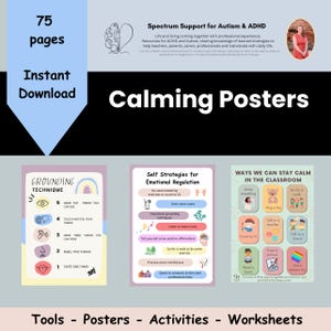 May include: A set of three colourful posters with calming strategies for children. The posters feature illustrations of a teddy bear, a rainbow, and a person meditating. The posters are titled "Grounding Technique", "Self Strategies for Emotional Regulation", and "Ways We Can Stay Calm in the Classroom".