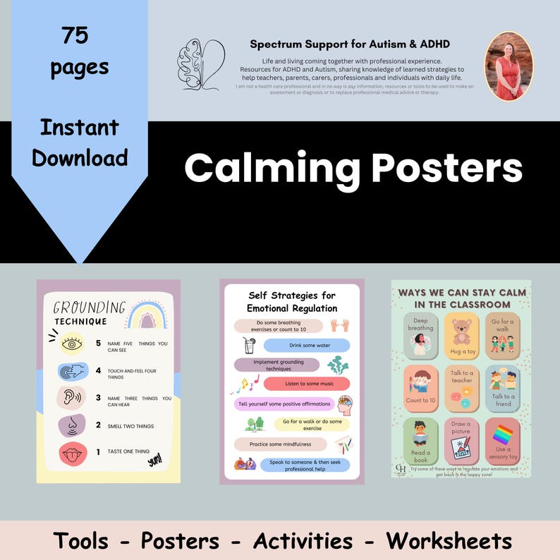 May include: A set of three colourful posters with calming strategies for children. The posters feature illustrations of a teddy bear, a rainbow, and a person meditating. The posters are titled "Grounding Technique", "Self Strategies for Emotional Regulation", and "Ways We Can Stay Calm in the Classroom".