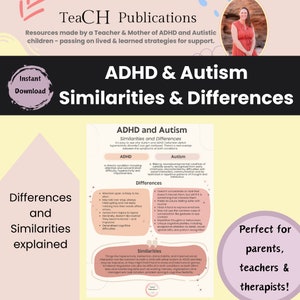 May include: A colorful infographic titled "ADHD & Autism Similarities & Differences" with a woman in a red shirt in the upper right corner. The infographic explains the similarities and differences between ADHD and Autism. The text is in black and white with a white background.