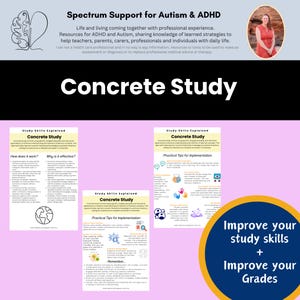 Op de afbeelding: Drie printbare werkbladen met de titel "Concreet studeren" en de tekst "Studievaardigheden uitgelegd". De werkbladen geven tips voor het implementeren van concrete studietechnieken voor leerlingen met autisme en ADHD. De werkbladen bevinden zich op een roze achtergrond met een gele cirkel rechtsonder die "Verbeter je studievaardigheden + Verbeter je cijfers" zegt.