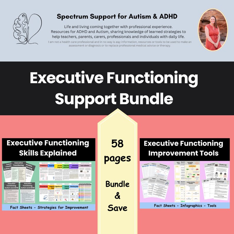 Pu&ograve; includere: Un pacchetto di download digitale di 58 pagine di risorse per le funzioni esecutive. Il pacchetto include schede informative, strategie per migliorare, infografiche e strumenti. Il testo "Executive Functioning Skills Explained" e "Executive Functioning Improvement Tools" &egrave; presente sulla copertina.