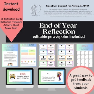 Puede incluir: Un producto de descarga digital con "16 Tarjetas de Reflexión" y "Reflexión de Fin de Año". La imagen incluye una plantilla de reflexión, una hoja de actividades y una presentación de PowerPoint. También se ve el texto "powerpoint editable incluido".