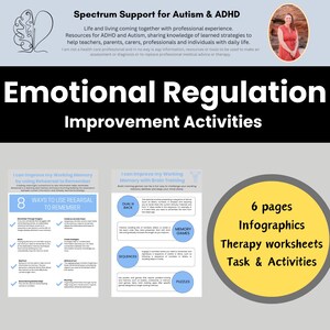 May include: A graphic with the text "Emotional Regulation Improvement Activities" and "Spectrum Support for Autism & ADHD." Includes infographics, therapy worksheets, tasks, and activities. Features a photo of a woman and a brain graphic.