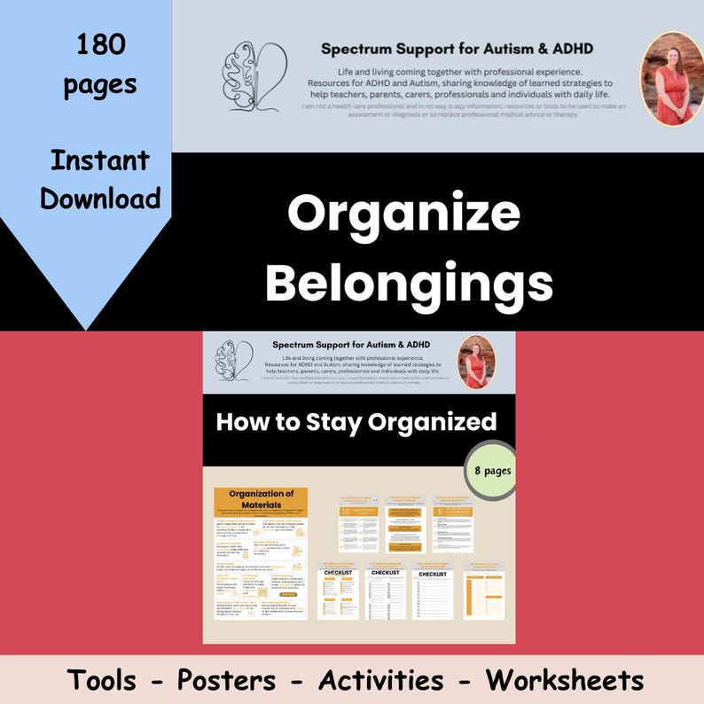 K&ouml;nnte beinhalten: Ein digitaler Download von 180 Seiten druckbarer Ressourcen, um Menschen mit Autismus und ADHS beim Organisieren zu helfen. Der Titel der Ressource lautet "Sachen organisieren: Wie man organisiert bleibt". Die Ressource enth&auml;lt Checklisten, Arbeitsbl&auml;tter und andere Tools.
