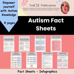 May include: A set of eight printable autism fact sheets, with titles like "Autism in Adults vs Children" and "Autism in Women". The sheets are designed to be informative and educational, with a pink background and colorful illustrations.