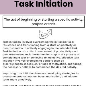 Puede incluir: Un gr&aacute;fico rosa y blanco con el texto "Executive Functioning" y "Task Initiation". El texto describe el acto de comenzar o iniciar una actividad, proyecto o tarea espec&iacute;fica. El gr&aacute;fico tambi&eacute;n incluye una flecha dibujada a mano con la palabra "START" escrita en ella.