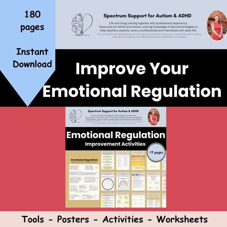 K&ouml;nnte beinhalten: Ein farbenfroher digitaler Download zur Verbesserung der emotionalen Regulierung. Der Titel "Verbessern Sie Ihre emotionale Regulierung" wird in gro&szlig;en, fetten Buchstaben angezeigt. Der Download umfasst 19 Seiten mit Tools, Postern, Aktivit&auml;ten und Arbeitsbl&auml;ttern. Der Text "Spectrum Support for Autism & ADHD" ist ebenfalls enthalten.