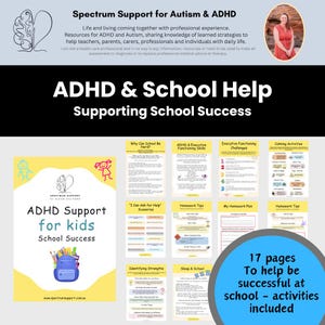 Puede incluir: Un recurso educativo colorido titulado "ADHD Support for Kids" con el texto "School Success". La imagen incluye una mochila azul con lápices y una guía de 17 páginas con actividades para ayudar a los niños a tener éxito en la escuela. También es visible el texto "Spectrum Support for Autism & ADHD".