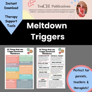 Autism Awareness Resource Meltdown Triggers - Emotional Support for Autism, Anxiety, ADHD, Dyslexia Emotional Regulation  Parent Coping Tool
