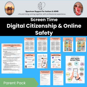 以下が含まれることがあります： 「Screen Time, Digital Citizenship & Online Safety」のテキストが入った、デジタル市民権とオンライン安全のためのプロモーション用グラフィック。画像には、さまざまな情報カードと「Parent Pack」のテキストが含まれています。