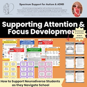 以下が含まれることがあります： 神経発達に違いのある生徒が注意と集中力を高めるための印刷可能なワークシートとアクティビティのセットです。ワークシートはカラフルで、子供たちのイラストが描かれています。ワークシートのテキストには、「Navigating School」、「Attention and Focus」、「Problems Look Like This」が含まれています。