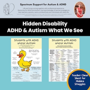 May include: A colorful infographic titled "Hidden Disability: ADHD & Autism What We See" with two charts comparing the visible and hidden challenges of students with ADHD and/or Autism. The charts use a duck analogy to illustrate the concept of "above the surface" and "below the surface" behaviors.