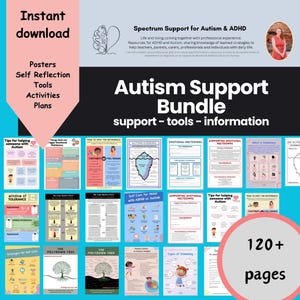 May include: A colourful digital download bundle of printable posters, tools, and information for supporting individuals with autism and ADHD. The bundle includes over 120 pages of resources for teachers, parents, and professionals.