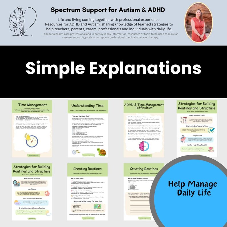 May include: A graphic with the text "Spectrum Support for Autism & ADHD" and "Simple Explanations." The image includes a photo of a woman and several pages with text and illustrations about time management and daily routines.