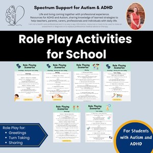 May include: A graphic with the text "Role Play Activities for School" and "For Students with Autism and ADHD." The image includes role-playing scenarios for greetings, turn-taking, and sharing. The top of the image has the text "Spectrum Support for Autism & ADHD."