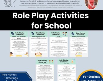 May include: A graphic with the text "Role Play Activities for School" and "For Students with Autism and ADHD." The image includes role-playing scenarios for greetings, turn-taking, and sharing. The top of the image has the text "Spectrum Support for Autism & ADHD."