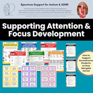 以下が含まれることがあります： 注意と集中に苦労する神経多様性のある生徒を支援するための印刷可能なリソースのセットです。リソースには、学校でのナビゲーション、より良い注意と集中力の開発、注意と集中力の問題がどのように見えるかの理解に関するヒントが含まれています。リソースは、教師、保護者、専門家が神経多様性のある生徒を支援するのに役立つように設計されています。