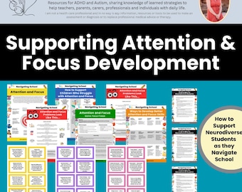 May include: A set of printable resources for supporting neurodiverse students with attention and focus. The resources include tips for navigating school, developing better attention and focus skills, and understanding how attention and focus problems look. The resources are designed to help teachers, parents, and professionals support neurodiverse students.