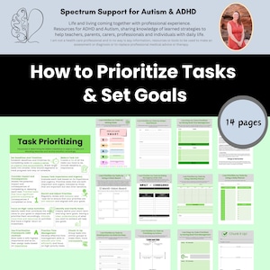 以下が含まれることがあります： 「タスクの優先順位付けと目標設定の方法」というタイトルの緑と白の印刷可能なワークシート。このワークシートには、タスクの優先順位付けと目標設定のヒントが記載されており、12 か月間のビジョンボード、タスクマトリックス、タスクの分割に関するセクションが含まれています。